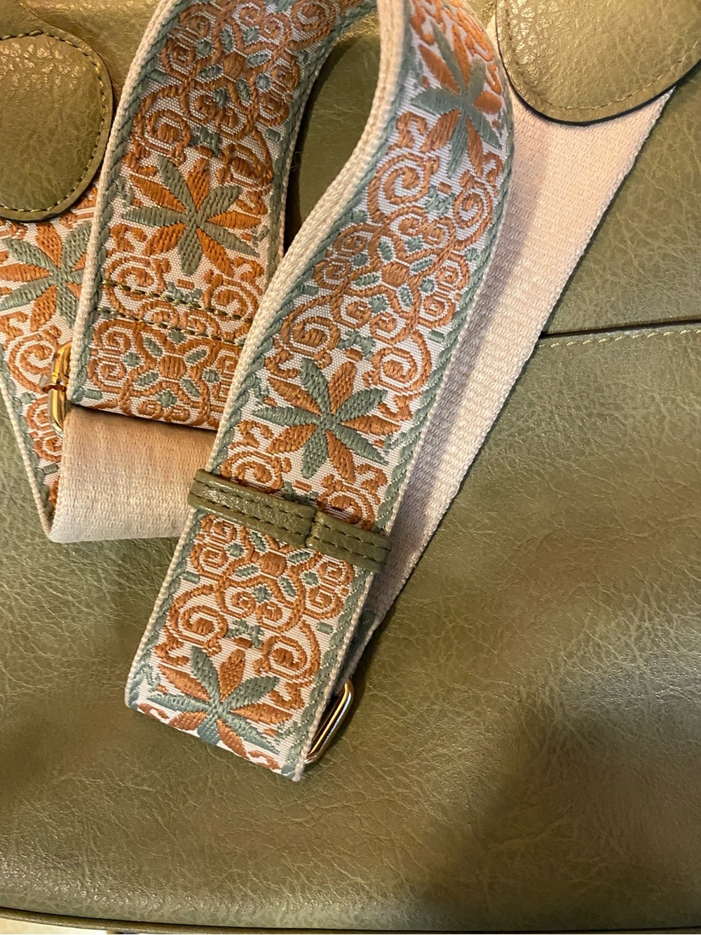Embroidered Floral Crossbody Strap in Sage and Tan